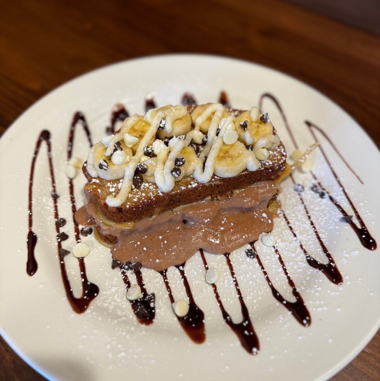 Chocolate stuffed banana french toast-June specials at brunch cafe